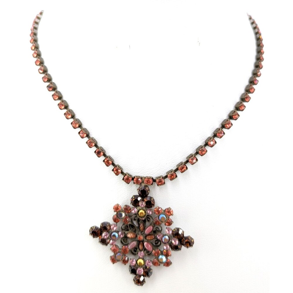 Sorrelli Cross Necklace Pink Orange Crystal Brass Tone 16in Missing 1 Stone AB